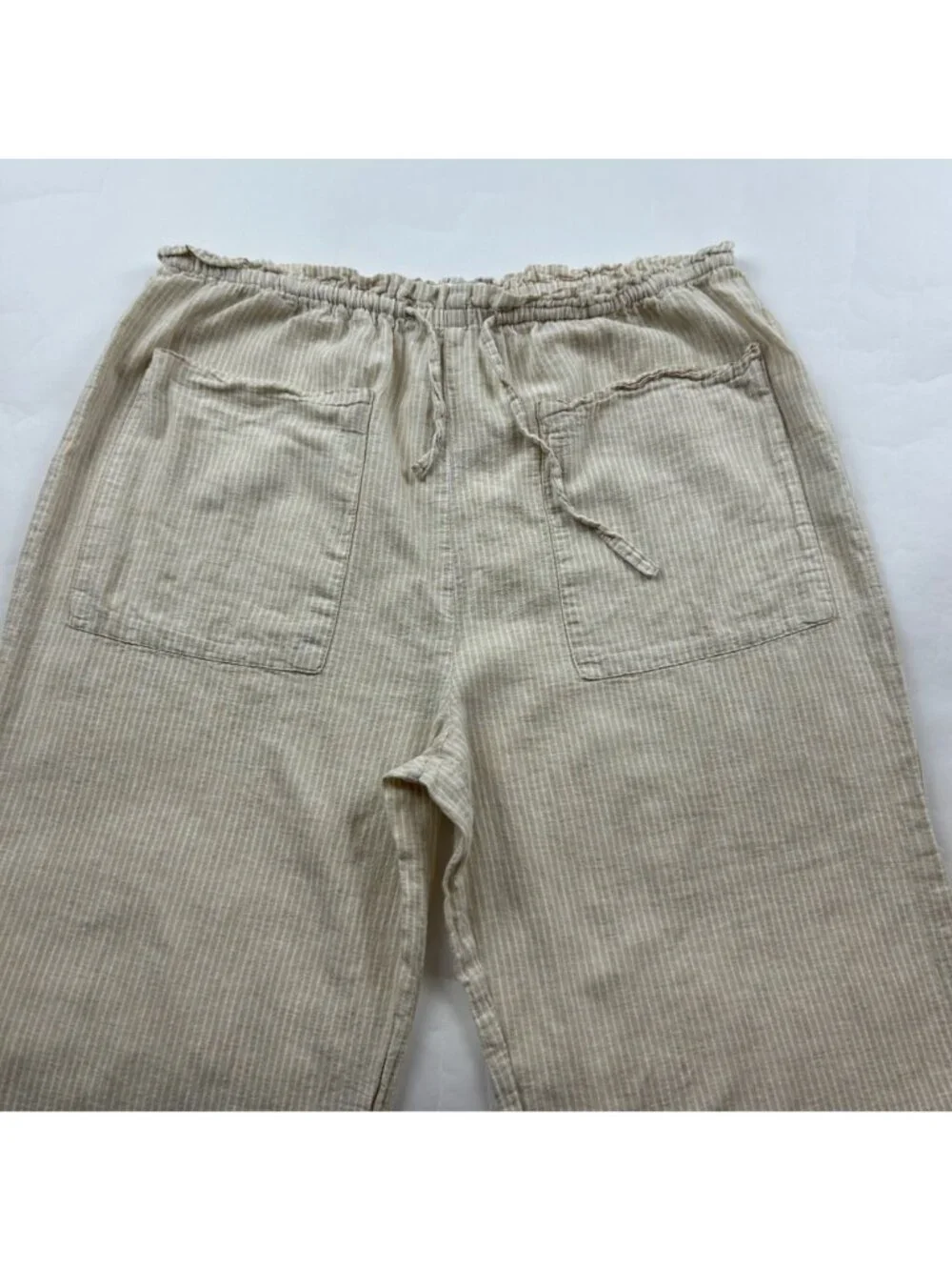 Zara Tan Striped Linen Blend Wide Leg Cropped Lounge Pant M